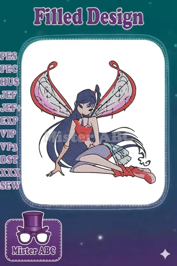 A vibrant embroidery design of Bloom from Winx Club, sitting gracefully with her magical wings extended.