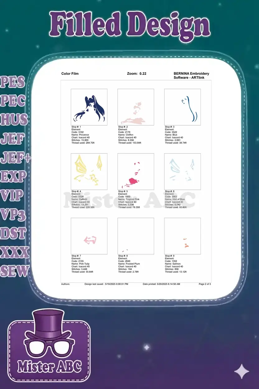 First page of the color film for Musa embroidery, showing initial stitch stops and thread usage for design elements.