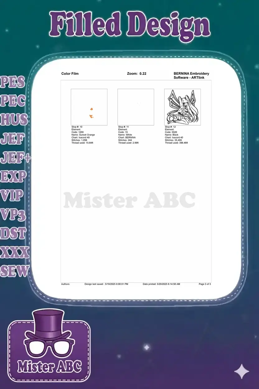 Second page of the color film for Musa embroidery, showcasing final stitch stops and outline details.