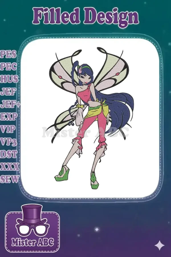 Vibrant embroidery design of Tecna from Winx Club, featuring her iconic pink, green, and blue outfit with delicate wings.