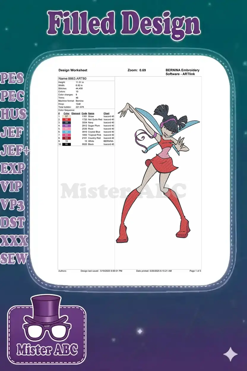 Embroidery design worksheet for Musa, detailing dimensions, stitch count, color sequence, and thread codes.