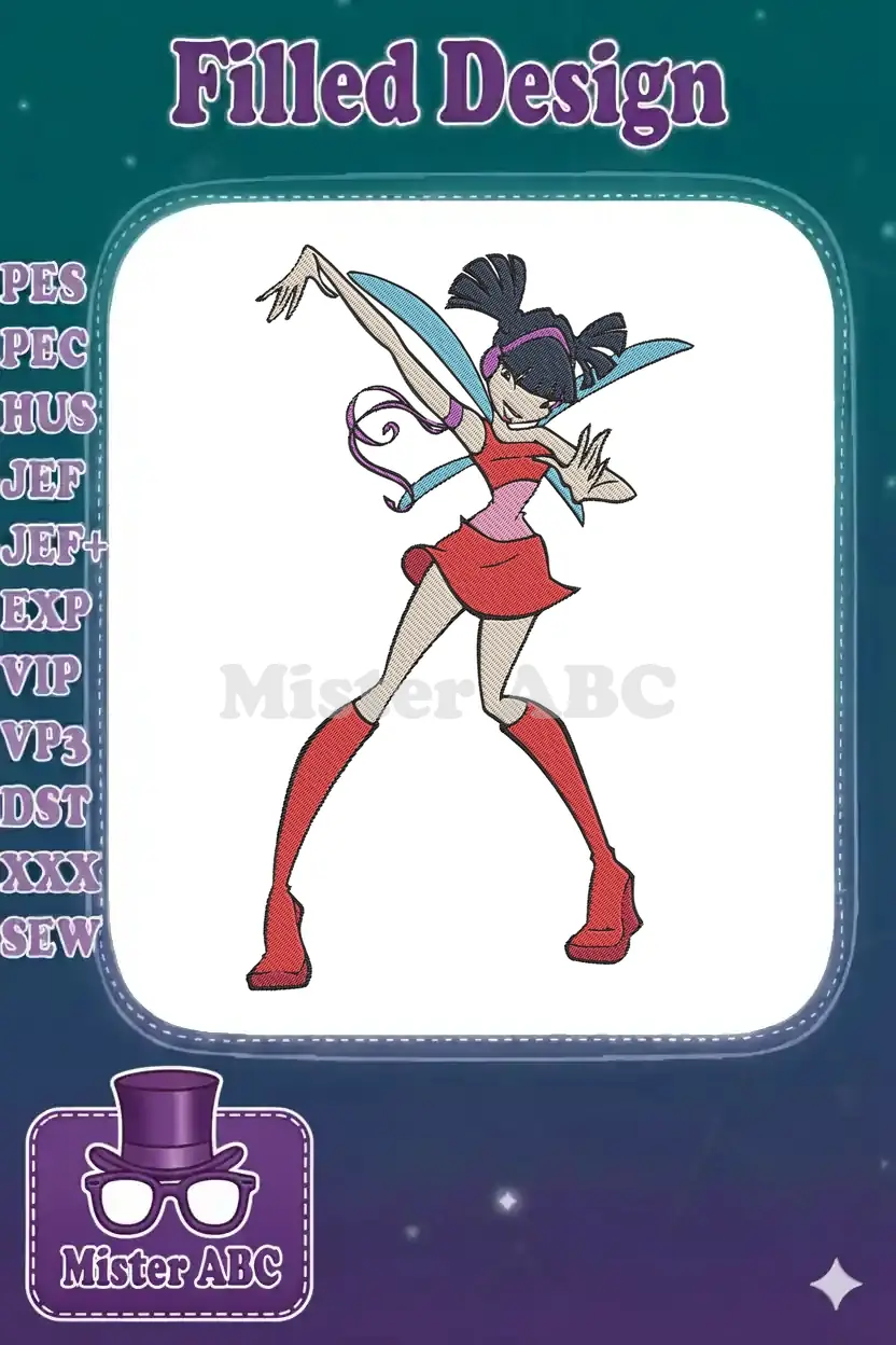 Full-body embroidery design of Musa from Winx Club, vibrant in red and pink with blue wings, striking an energetic pose.