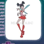 Pretty cartoon fairy girl with blue wings and red outfit embroidery designs - Instant Download