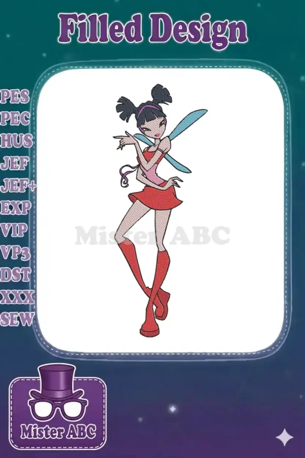 Full-body embroidery design of Musa from Winx Club, featuring dark hair, pink and red outfit, and blue wings.