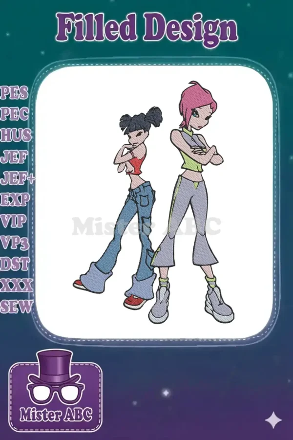Dynamic embroidery of two animated girls in trendy outfits, one with dark pigtails, the other with pink hair. Adds a playful, modern touch.