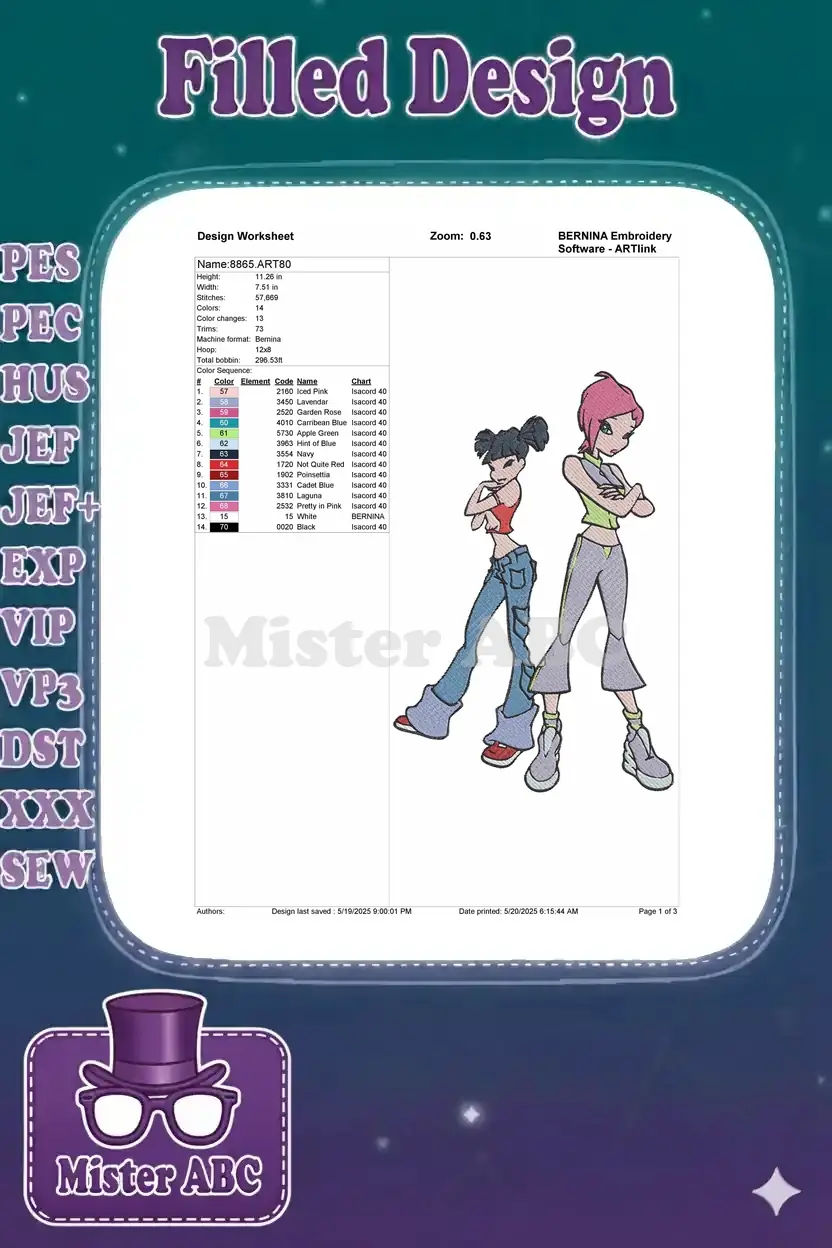 Design worksheet for embroidery file 8865, showing dimensions, stitch count, color changes, and a complete thread color chart.