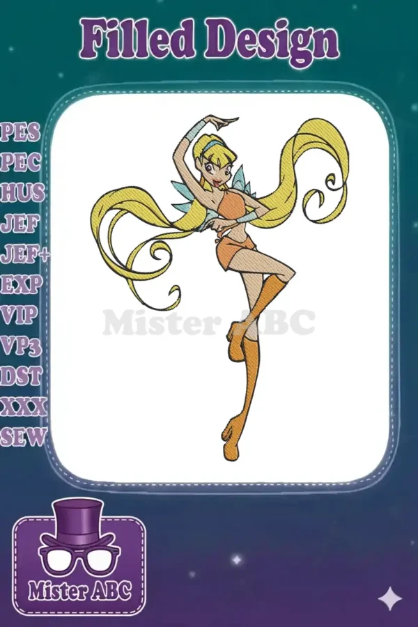 Vibrant Stella from Winx Club embroidery design, showcasing intricate details and flowing blonde hair.