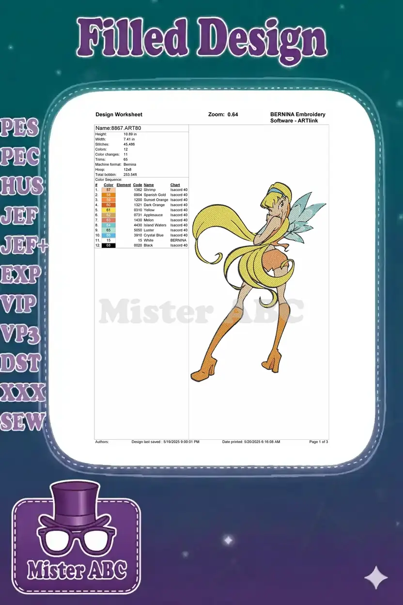 A detailed embroidery design worksheet for '8867.ART80', showing dimensions, stitch count, color sequence, and machine formats.