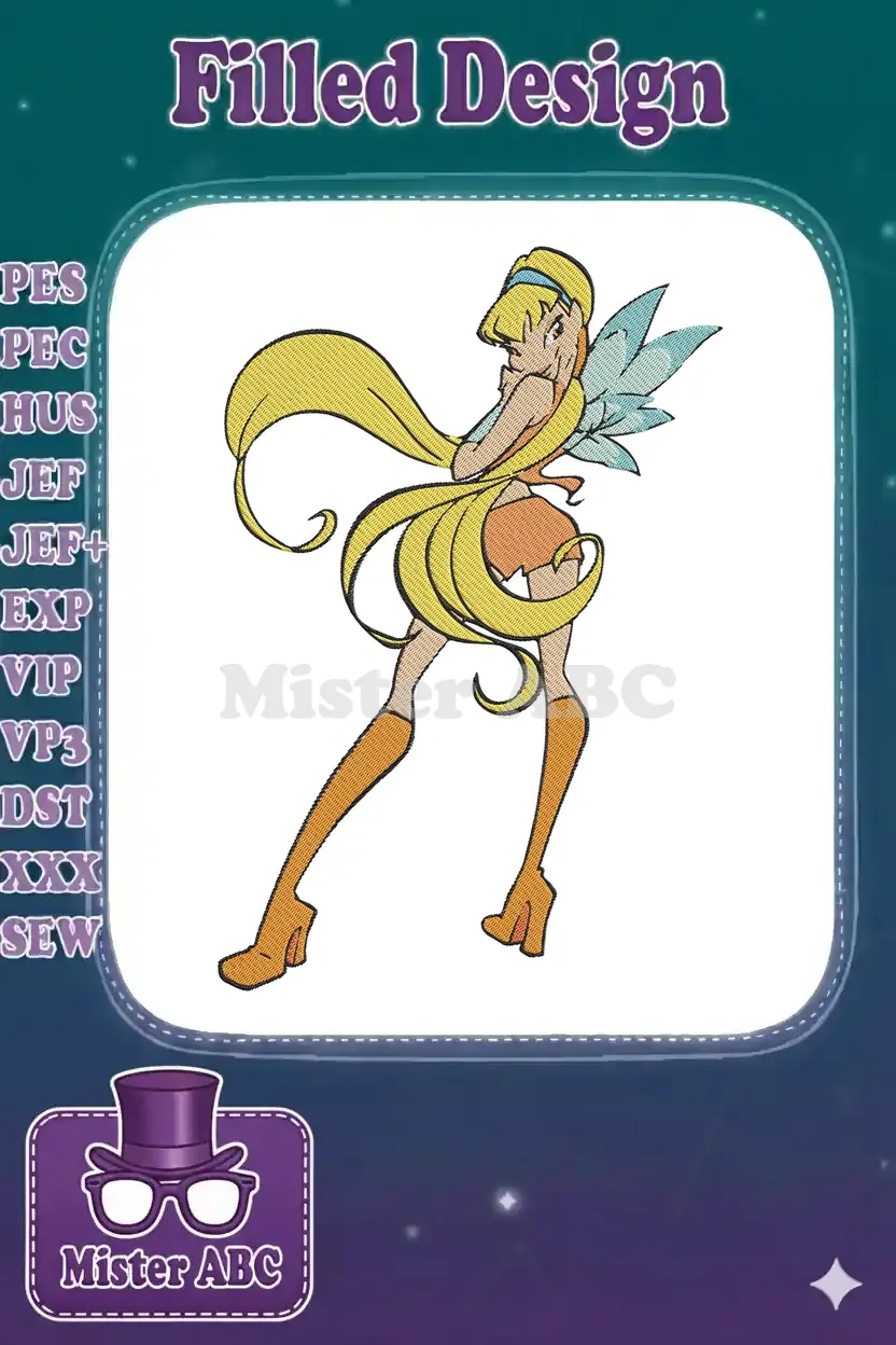 A vibrant embroidery design of Stella from Winx Club, featuring her iconic flowing blonde hair, orange outfit, and fairy wings.