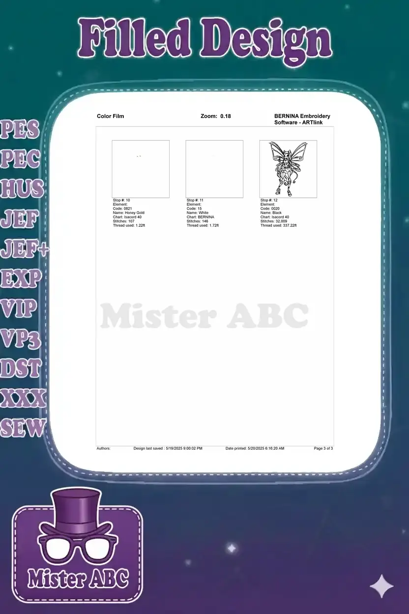 Second page of the color film showing the remaining stitch elements and thread colors for the Stella design.