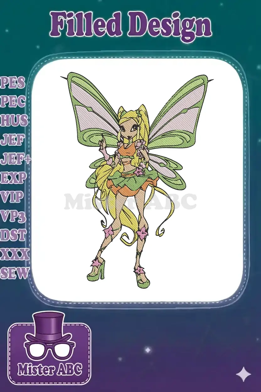 Full-color embroidery design of Stella from Winx Club in her Enchantix form, featuring vibrant yellow, green, and pink.