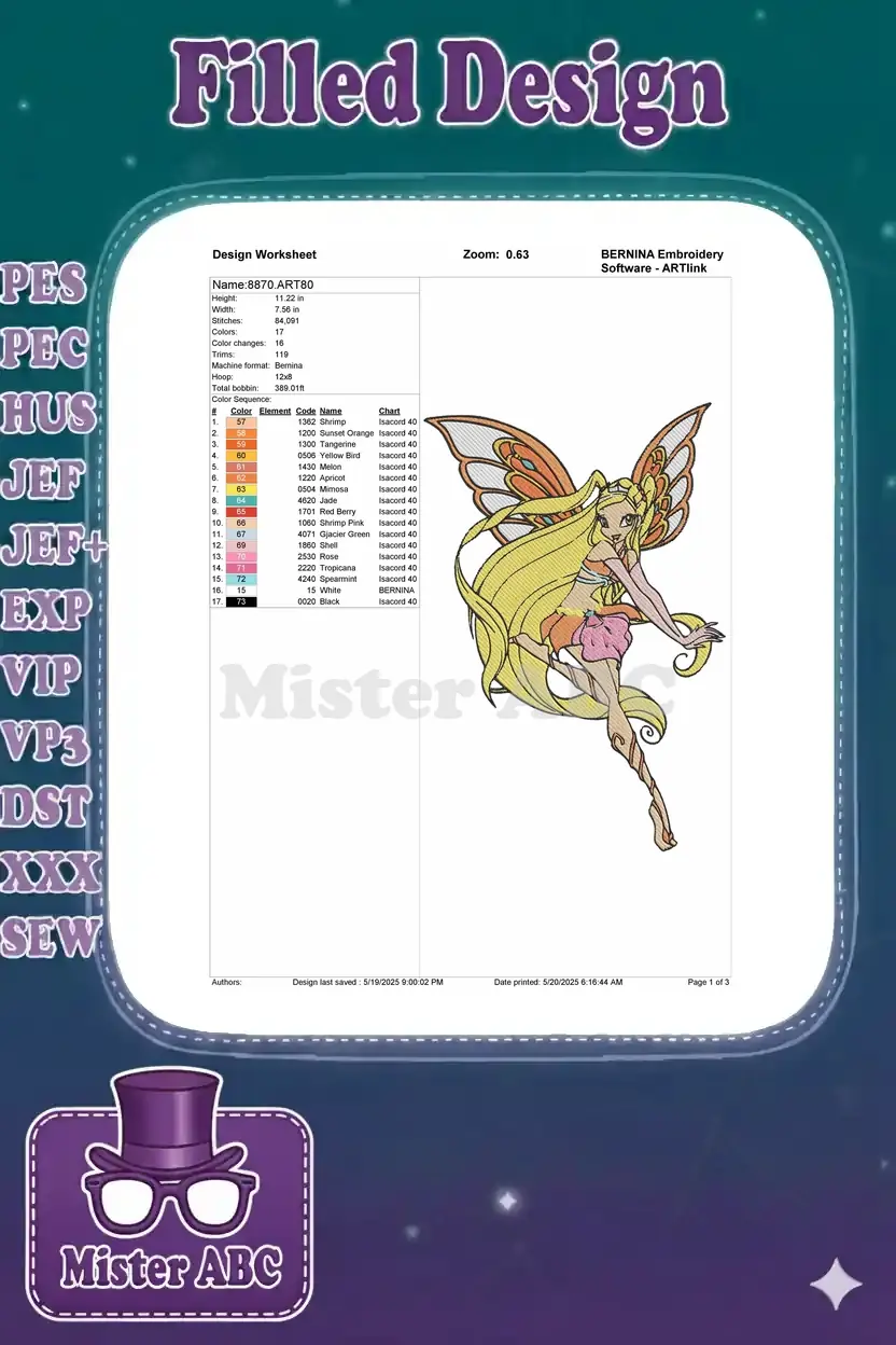 Embroidery design worksheet for Stella, showing dimensions, stitch count, color chart, and machine compatibility.