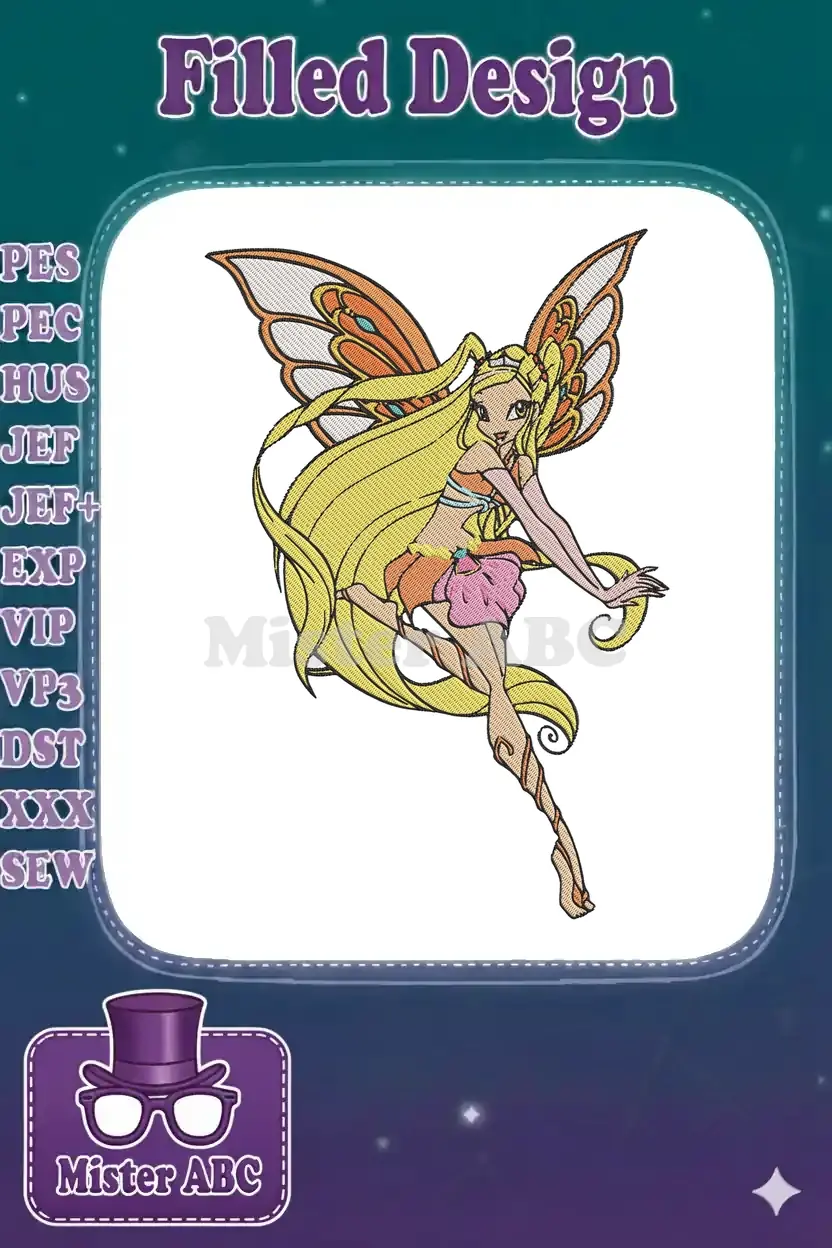 A vibrant embroidery design featuring Stella from Winx Club, a cheerful fairy with long blonde hair and orange wings.