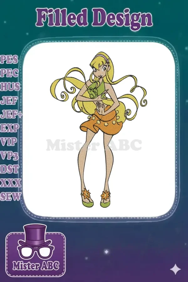 Full-body embroidery design of Stella from Winx Club, featuring her iconic blonde hair, green top, orange skirt, and sandals.
