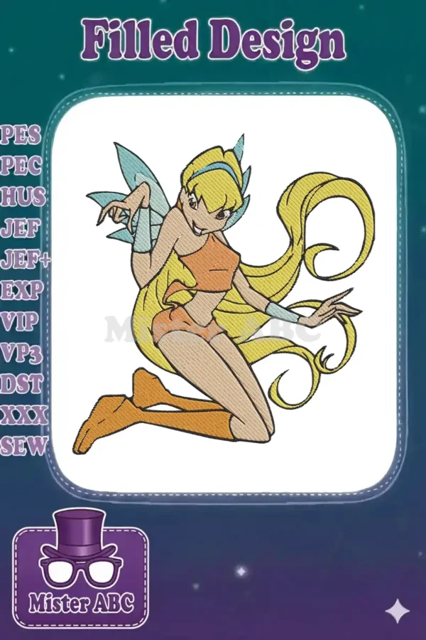 Vibrant embroidery design featuring Stella from Winx Club, showcasing her iconic blonde hair, orange outfit, and fairy wings.