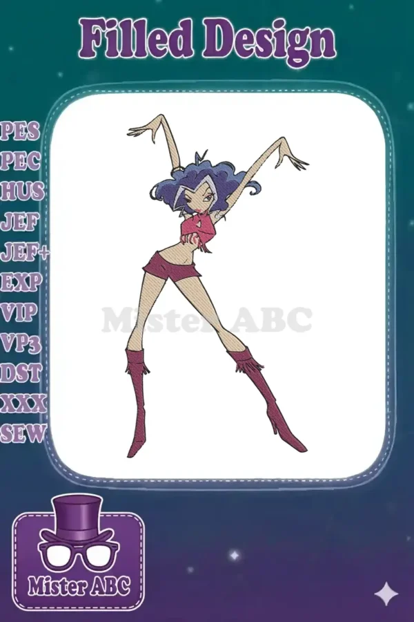 Full-body embroidery design of Icy from Winx Club in a dynamic pose, featuring blue hair, pink top, and purple shorts.