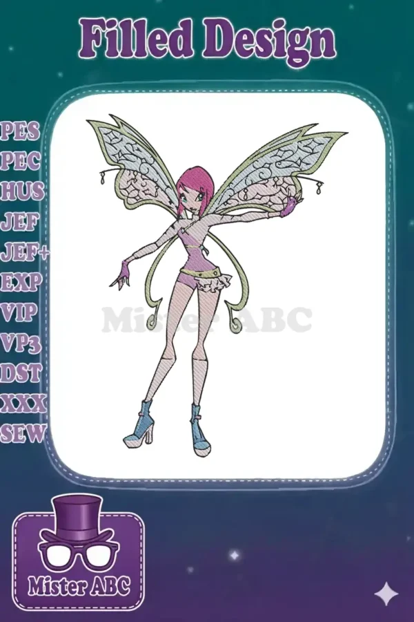 Stunning embroidery of Tecna from Winx Club, a fairy with pink hair, purple/green attire, and intricate wings.