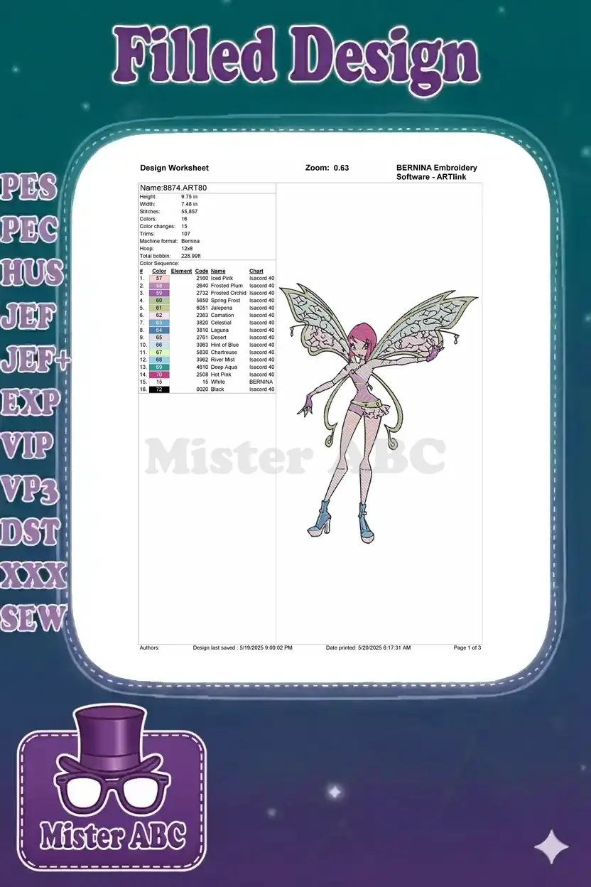 Embroidery design worksheet for Tecna, showing stitch count, dimensions, and detailed color chart information.