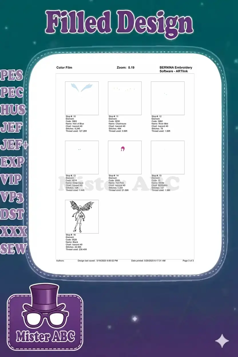 Second page of the color film for Tecna embroidery, showing remaining thread stops and final outline details.