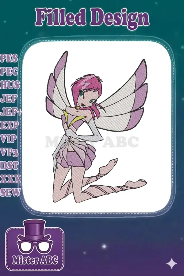 A beautifully digitized embroidery design of a pink-haired fairy with large, elegant wings, kneeling in a magical pose. Features vibrant colors and intricate stitching.