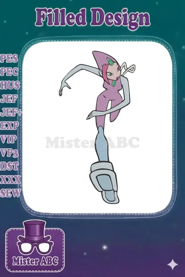 Full-body embroidery design of Tecna from Winx Club in a dynamic pose, featuring her purple and light blue suit.