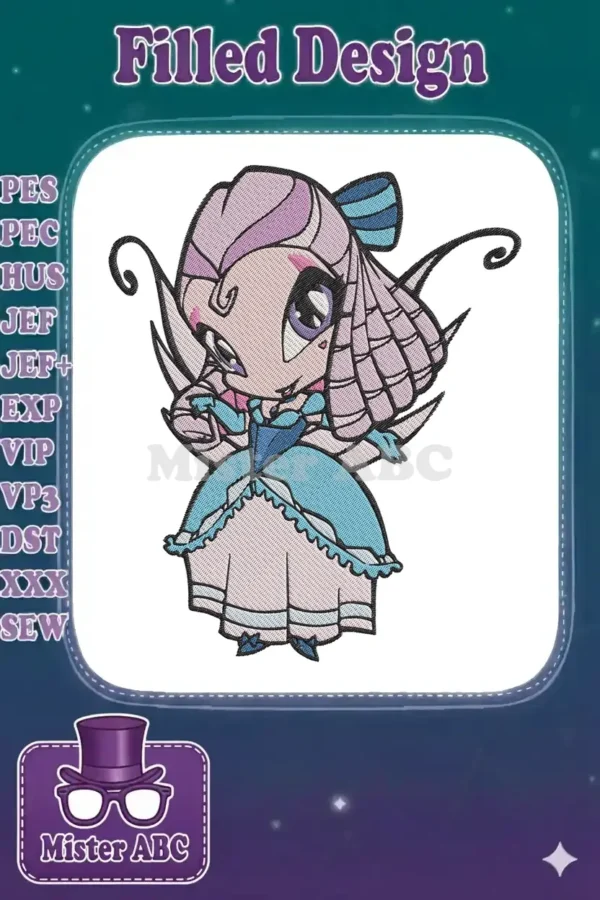 Full-stitch embroidery of a whimsical chibi fairy princess with lavender hair, a blue dress, and delicate wings.