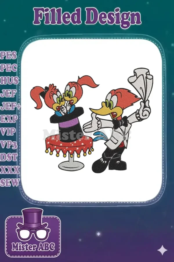 Woody Woodpecker as a magician pulling a smaller woodpecker from a top hat, detailed embroidery design.