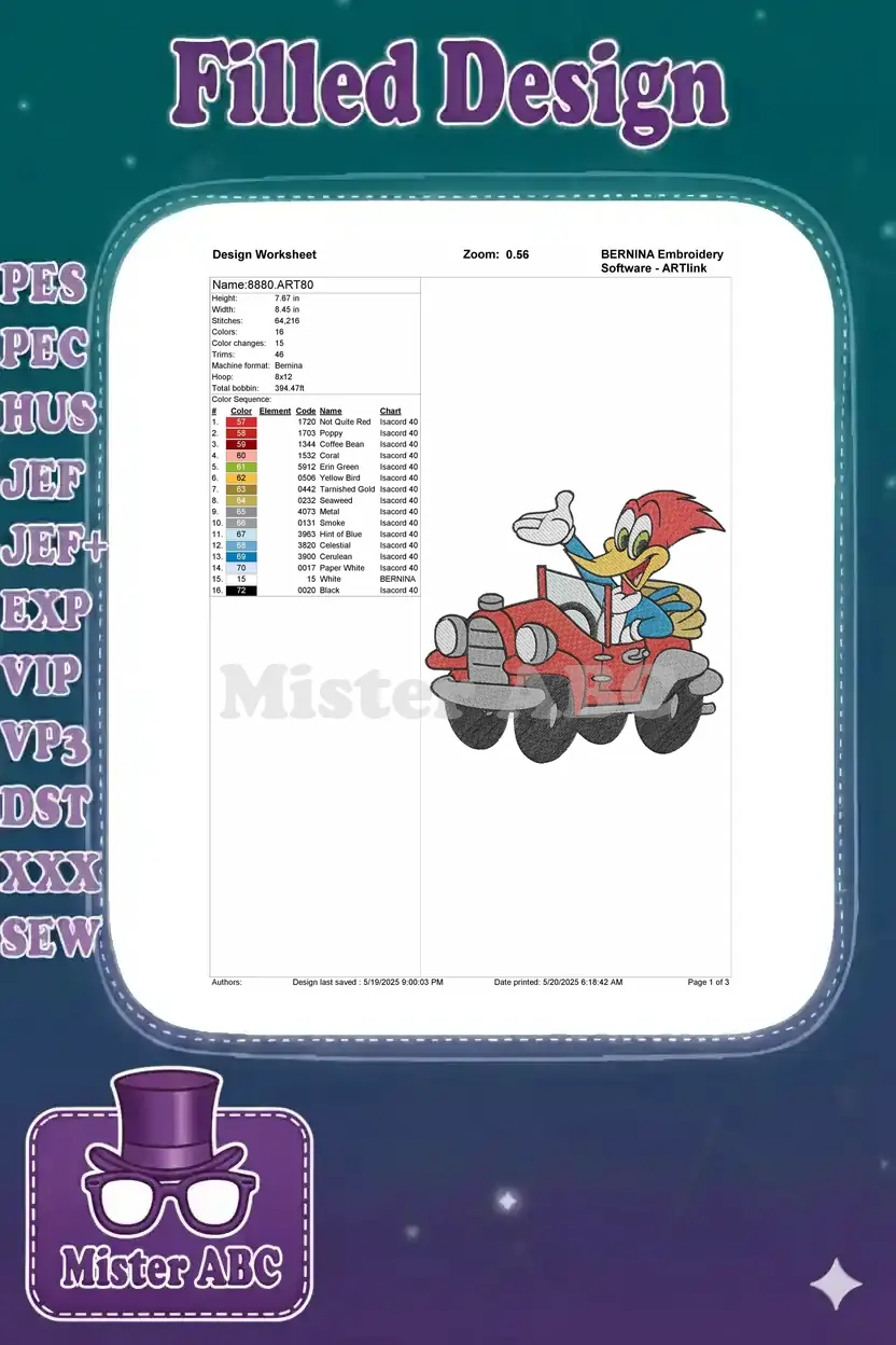 Embroidery design worksheet for Woody Woodpecker, showing dimensions, stitch count, colors, and thread chart.