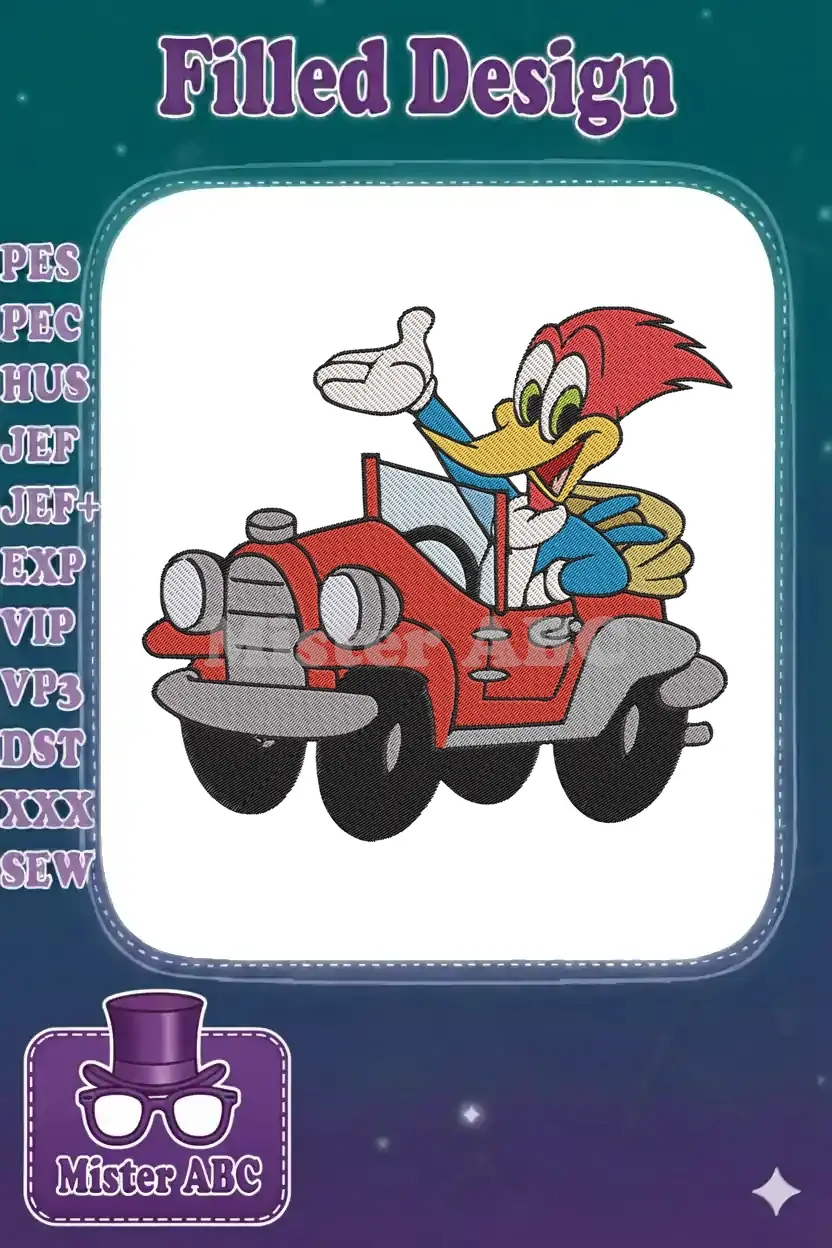 Woody Woodpecker driving a red vintage car, waving, a vibrant and fun animated embroidery design.