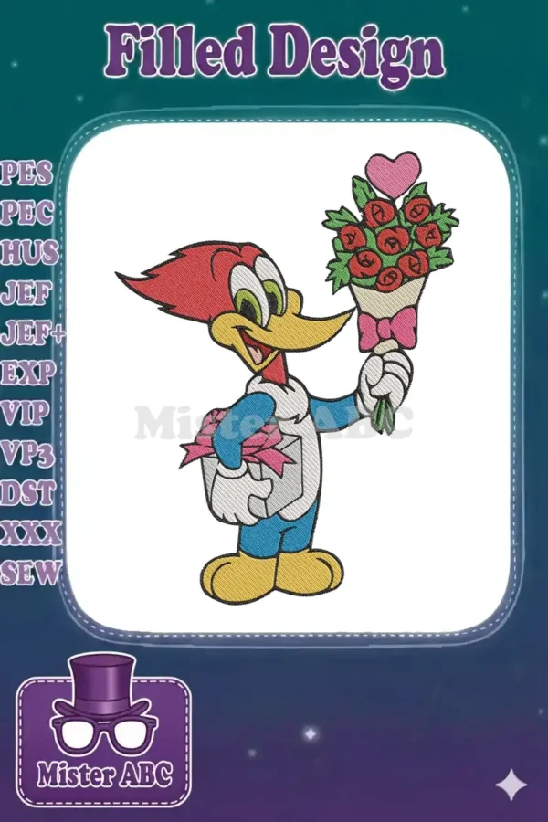 Vibrant Woody Woodpecker embroidery design, holding a bouquet of roses and a heart, plus a wrapped gift.