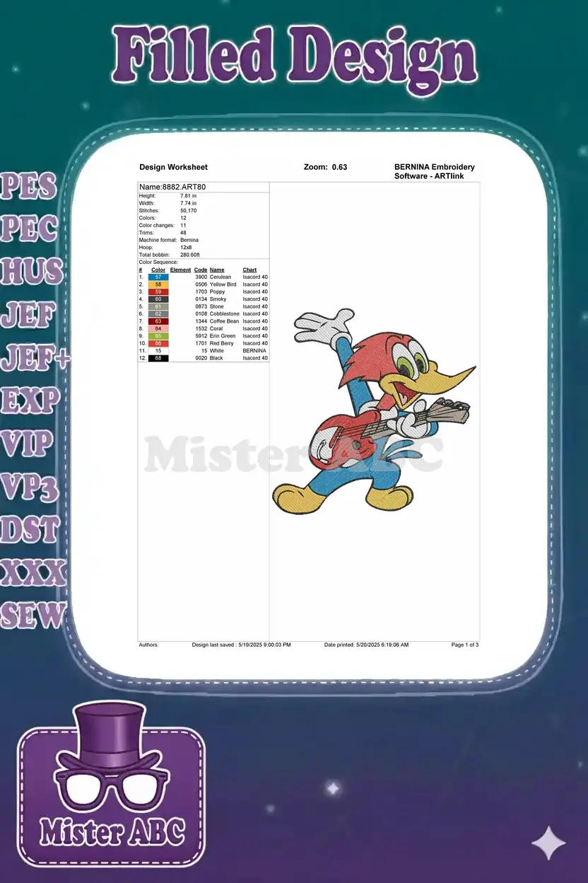 Detailed embroidery worksheet for Woody Woodpecker, showing dimensions, stitch count, and a full color chart.