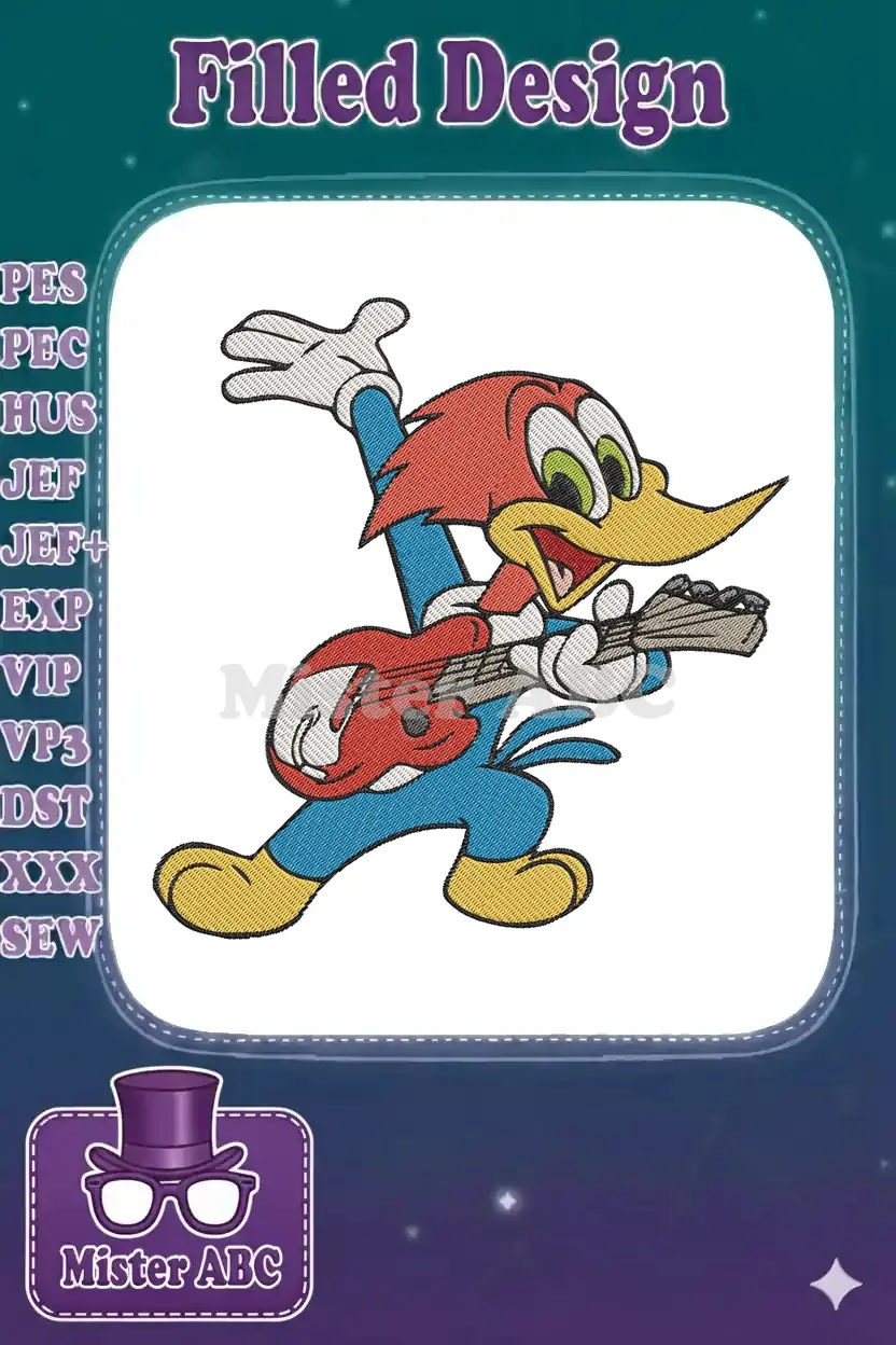 Energetic Woody Woodpecker playing a red guitar, captured in a vibrant, detailed machine embroidery design.