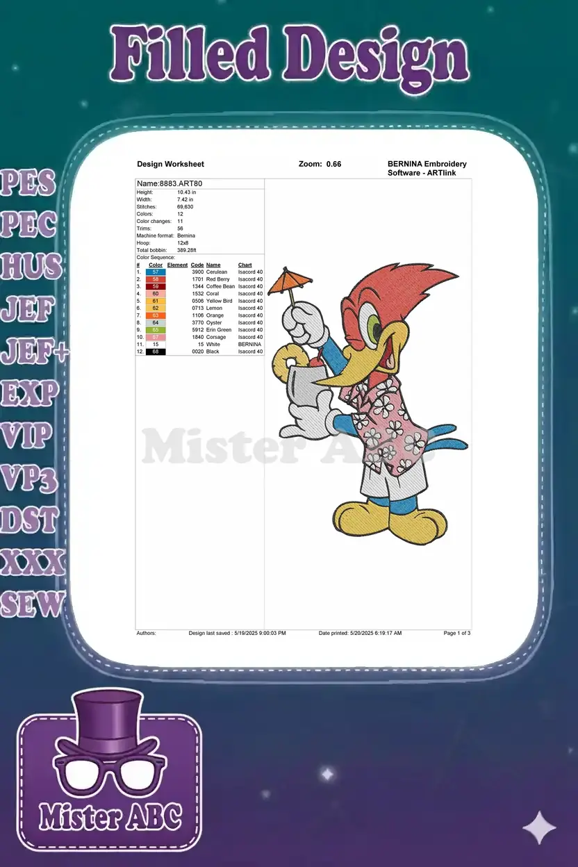 Embroidery design worksheet for Woody Woodpecker, showing dimensions, stitch count, colors, and thread chart.