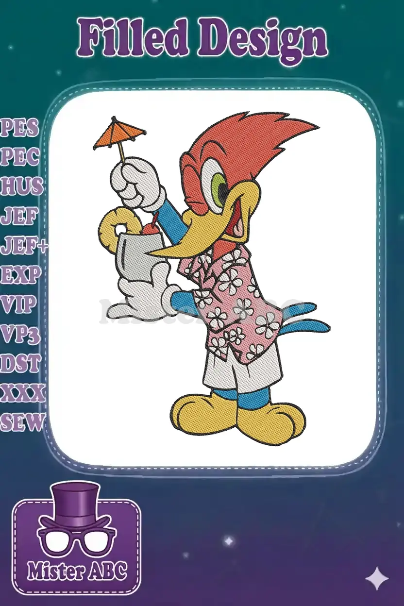 Vibrant Woody Woodpecker embroidery design in a Hawaiian shirt, holding a tropical drink with an umbrella.