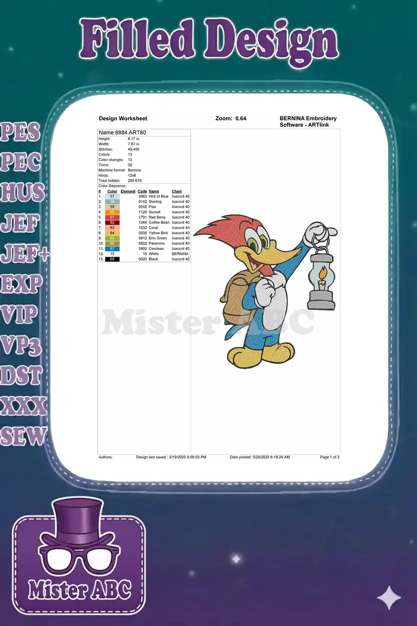 Embroidery design worksheet for Woody Woodpecker, displaying stitch count, dimensions, and thread color chart.