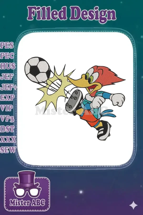 Vibrant Woody Woodpecker embroidery design showing him energetically kicking a soccer ball with a burst effect.
