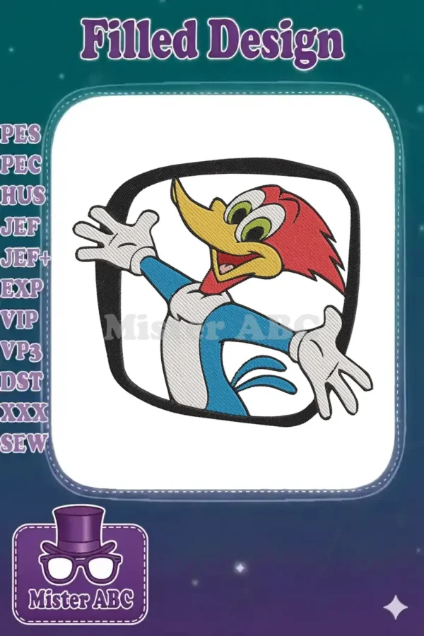 Vibrant Woody Woodpecker embroidery design, showcasing his iconic red, yellow, and blue colors in a cheerful, dynamic pose.
