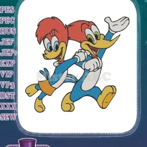 Embroidered design of Woody Woodpecker and Winnie Woodpecker side-by-side, running playfully with big smiles.