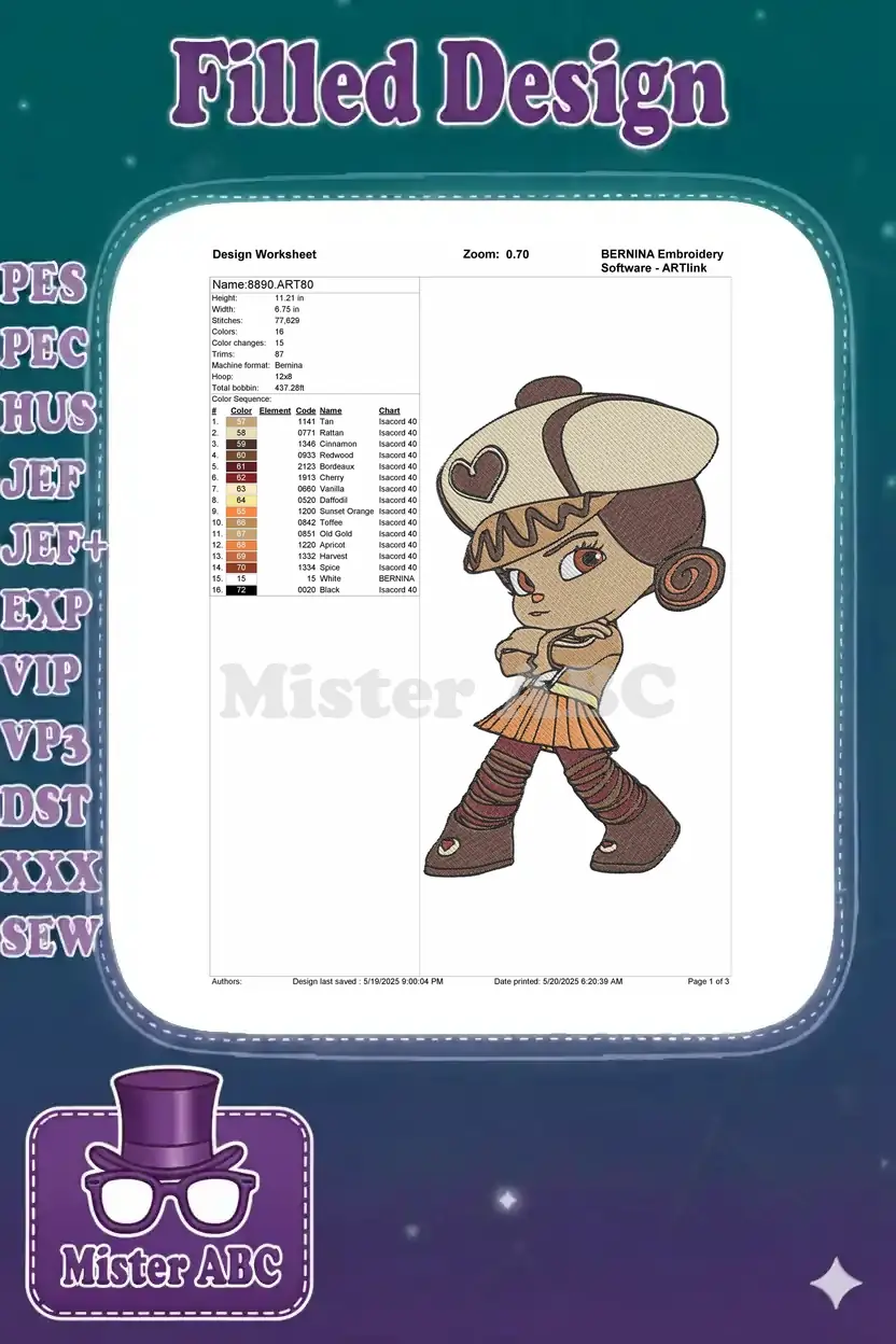 Embroidery design worksheet for Vanellope von Schweetz, showing dimensions, stitch count, and color chart.