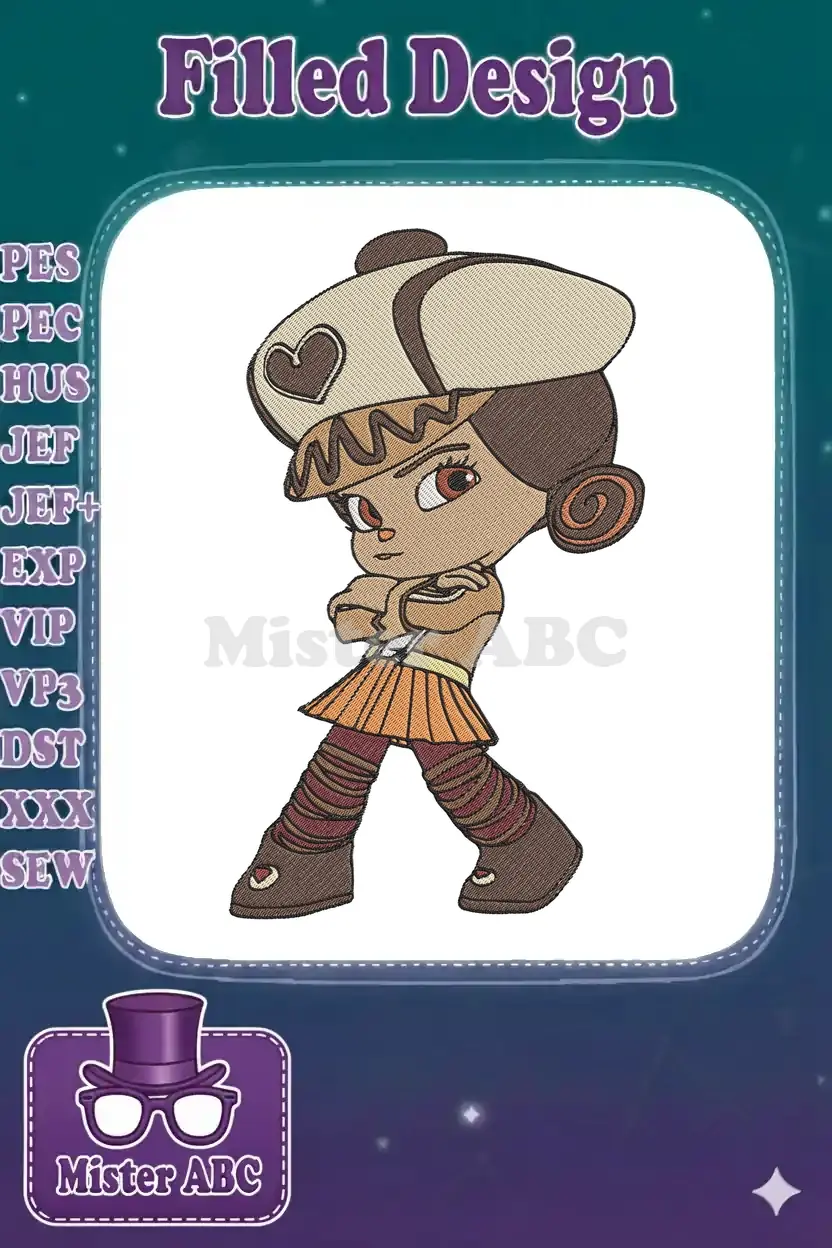 Full-body machine embroidery design of Vanellope von Schweetz, from Wreck-It Ralph, in a dynamic pose.