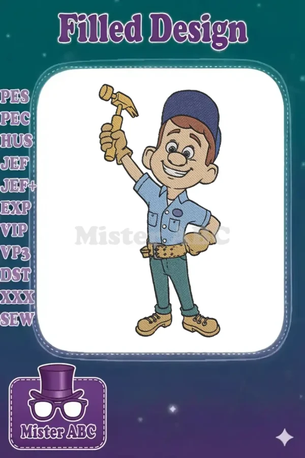 Fix-It Felix Jr. animated character embroidery design, smiling and holding a hammer, ready to fix anything.