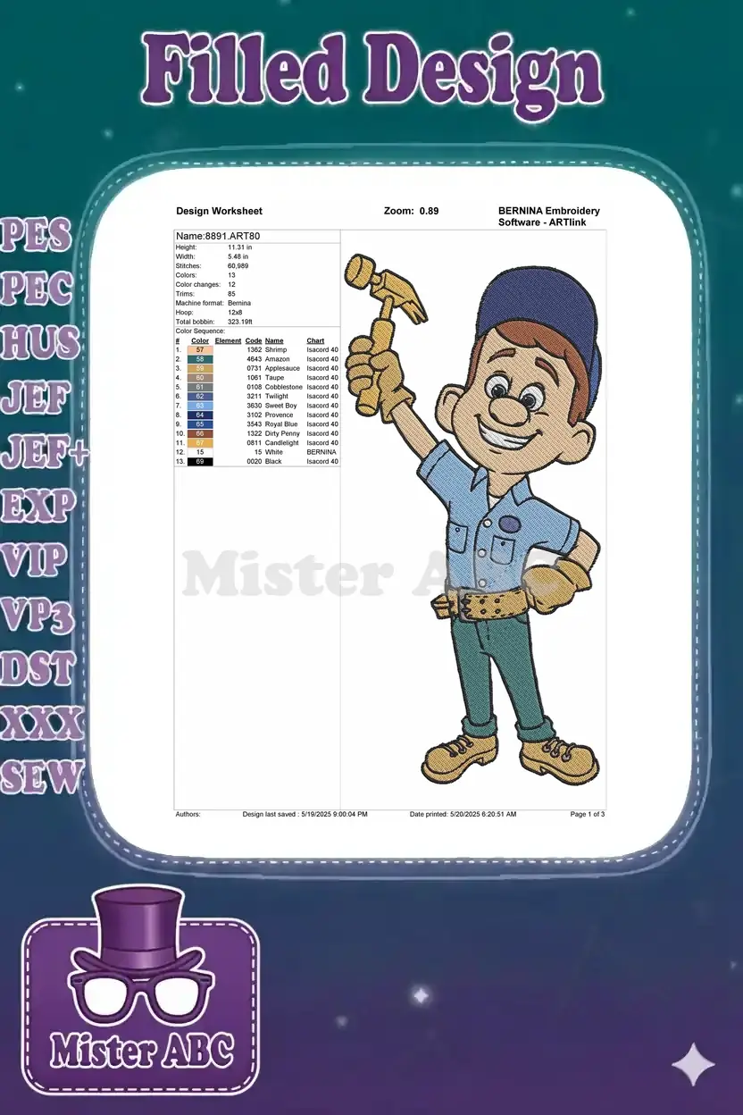 Embroidery design worksheet for Fix-It Felix, detailing dimensions, stitch count, color sequence, and machine info.