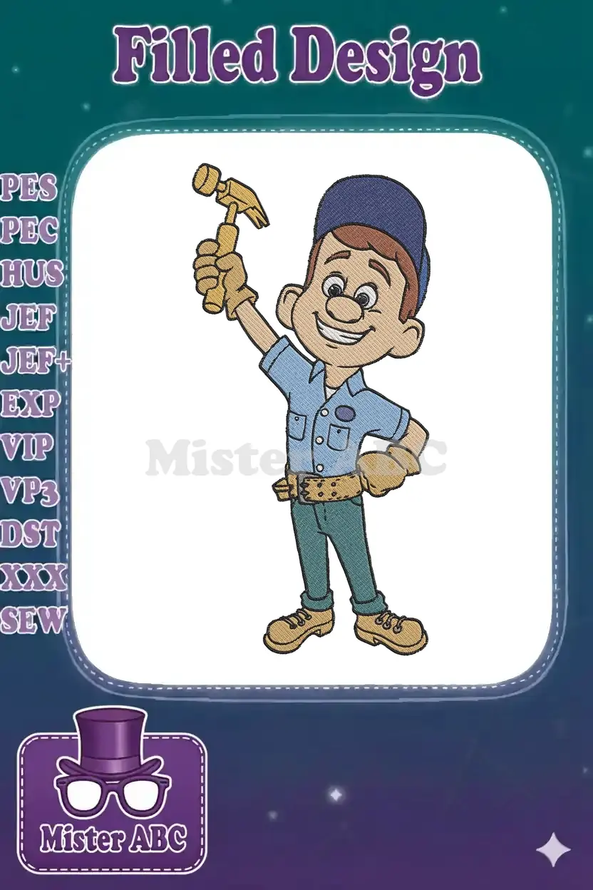 Fix-It Felix Jr. animated character embroidery design, smiling and holding a hammer, ready to fix anything.