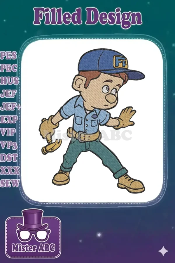 A detailed embroidery design of Fix-It Felix Jr. from Wreck-It Ralph, holding his golden hammer.