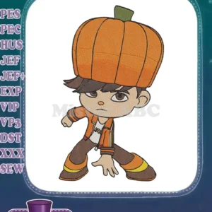 Embroidered cartoon boy wearing a large, orange pumpkin hat, striking a playful pose with autumn colors.