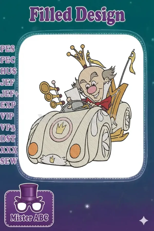 King Candy from Wreck-It Ralph, driving his Sugar Rush kart, rendered as a vibrant, detailed embroidery design.