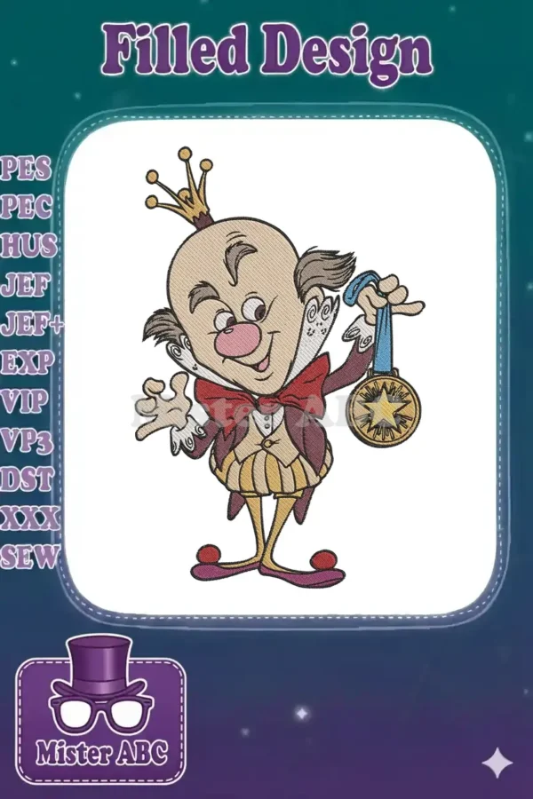 Full-color King Kandy embroidery design, featuring the beloved character wearing a crown and holding a gold medal.