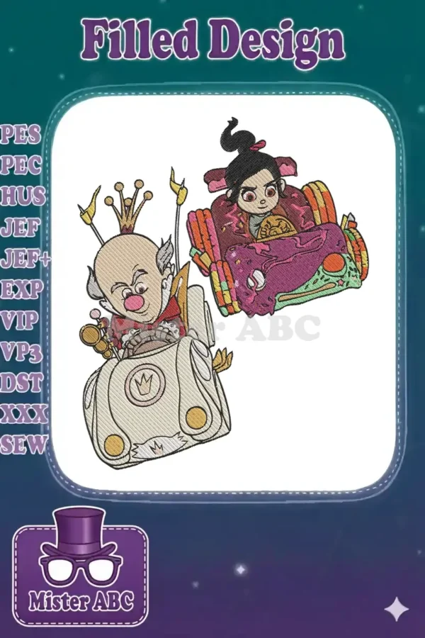 Dynamic embroidery design featuring King Candy and Vanellope von Schweetz in their colorful race karts, ready for action.