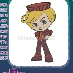 Embroidery design of a blonde-haired, serious-looking girl with a red hat and jacket, hands on hips.
