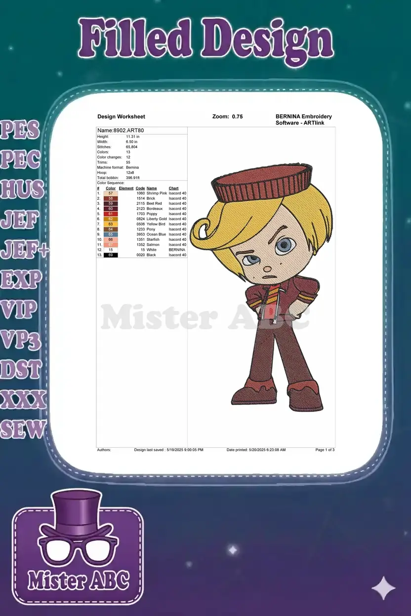 Embroidery worksheet detailing design dimensions, stitch count, color changes, and thread chart for the character.